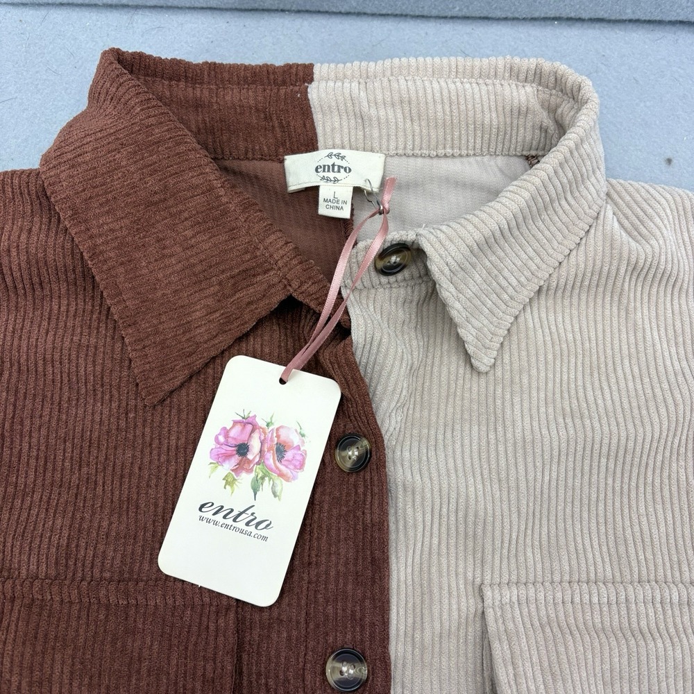 Entro Womens Large Corduroy Colorblock Shacket Tunic Cottage Boho Casual Preppy - Picture 7 of 12